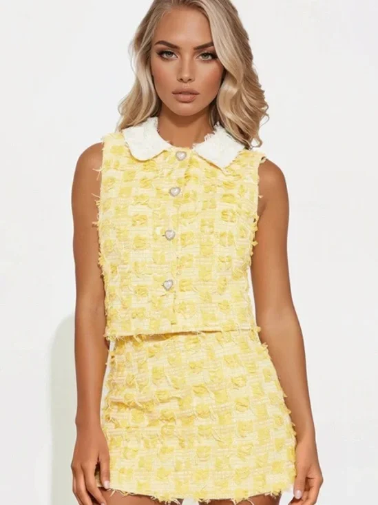 Fashion Nova She’s Classy Tweed Mini Skirt Set - Yellow - Picture 1 of 8